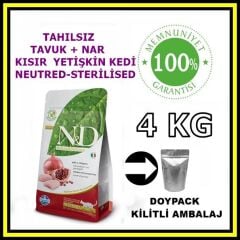 N&D tahılsız tavuk ve narlı kısırlaştırılmış kedi maması 4 kg açık mama