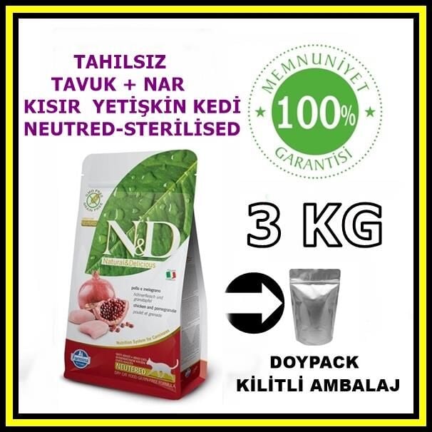 N&D tahılsız tavuk ve narlı kısırlaştırılmış kedi maması 3 kg açık mama
