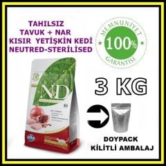 N&D tahılsız tavuk ve narlı kısırlaştırılmış kedi maması 3 kg açık mama