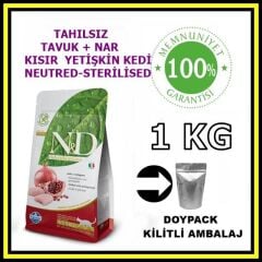 N&D tahılsız tavuk ve narlı kısırlaştırılmış kedi maması 1 kg açık mama