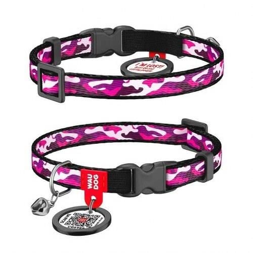 Waudog Collar QR Pasaportlu Kedi ve Ufak Irk Köpek Boyun Tasması 20-30 CM, 10 MM, L, Pink Camo