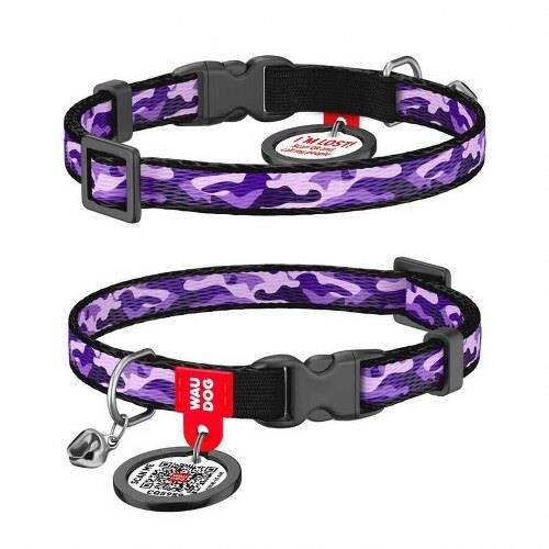 Waudog Collar QR Pasaportlu Kedi ve Ufak Irk Köpek Boyun Tasması 20-30 CM, 10 MM, L,  Purple Camo