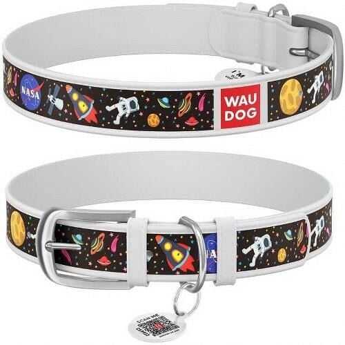 Waudog Collar QR Pasaportlu Köpek Boyun Tasması, Beyaz, 27-36 CM, Nasa Desenli