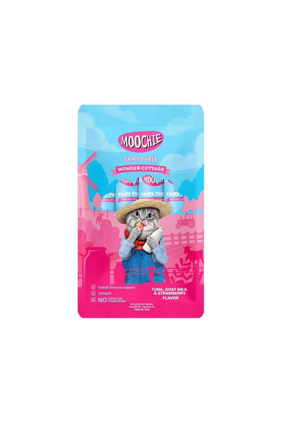 Moochie Sıvı Kedi Ödülü Ton Balığı, Keçi Sütü ve Çilekli - 5 x 15 gr